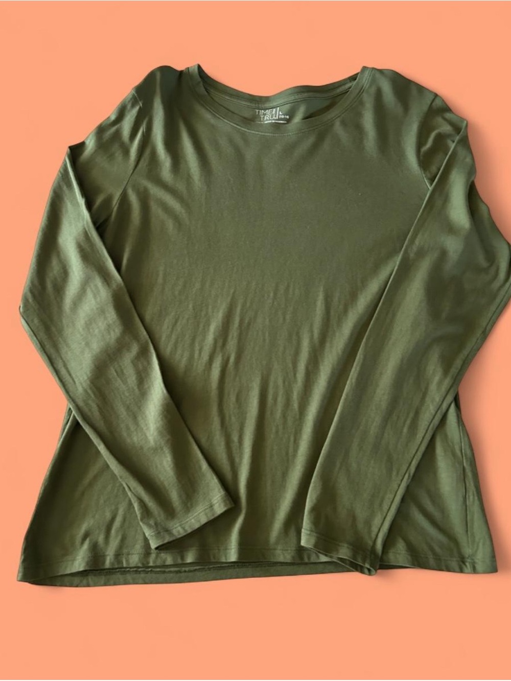Time and Tru Olive Green & Rust Long Sleeve Crewneck Tops - Picture 4 of 8